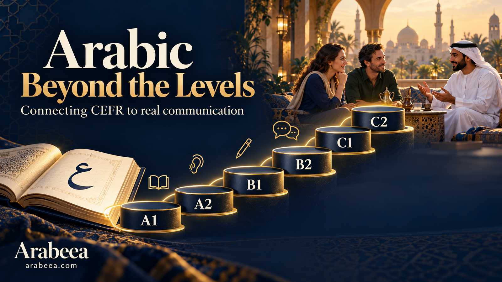 Arabic CEFR levels from A1 to C2 illustrated as steps leading from a book to real conversation, with Arabeea branding.